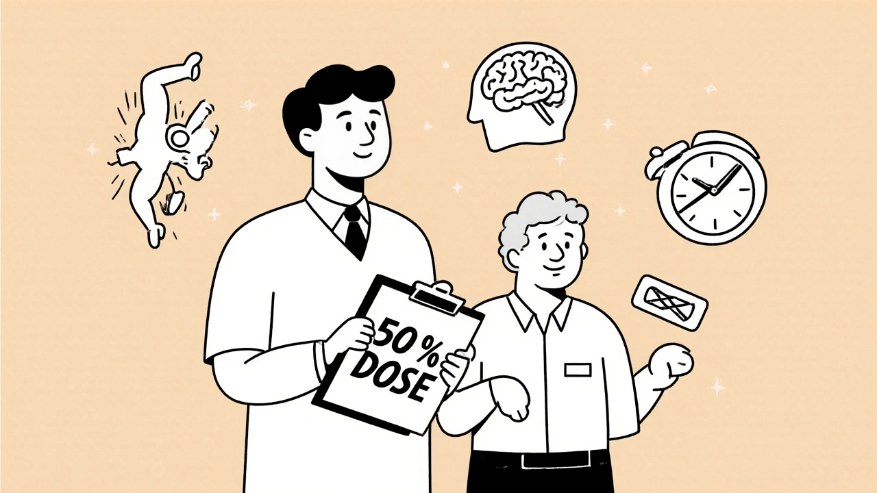 Doctor giving reduced opioid dose to senior, with icons of falls, confusion, and time delay around them.