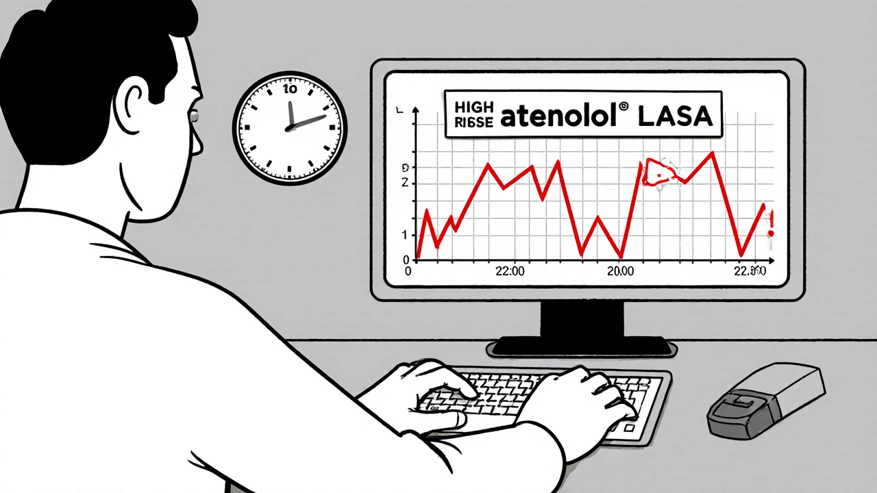 Doctor receiving an AI alert in EHR system warning of a dangerous drug mix-up between atenolol and albuterol.