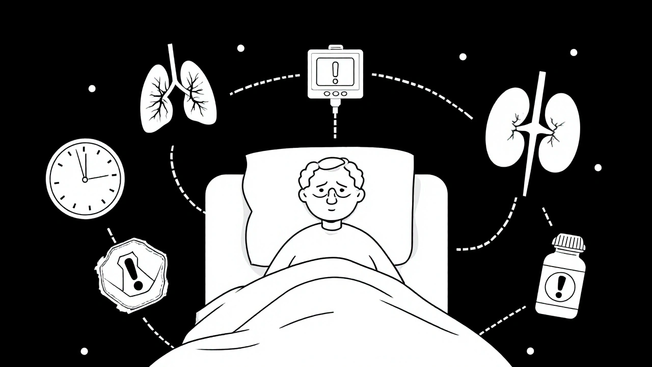 Elderly patient in bed with floating risk symbols linked to a flatlining breathing monitor, drawn in clean monoline style.