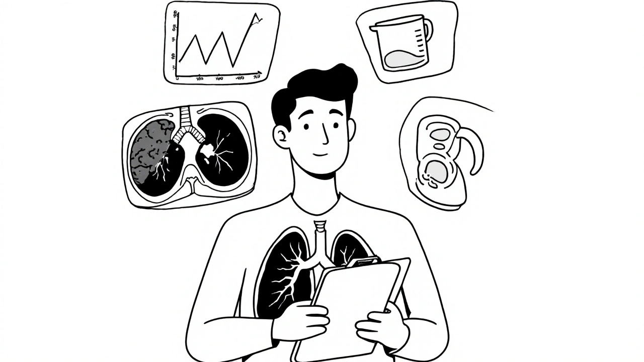 Medical icons floating around a chest — CT scan, mucus cup, valve — symbolizing COPD diagnosis and treatment.