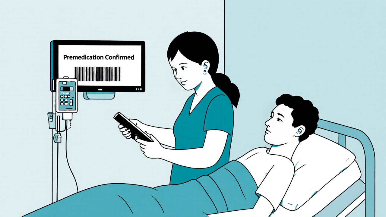 Nurse scanning medication barcode while administering IV premedication.