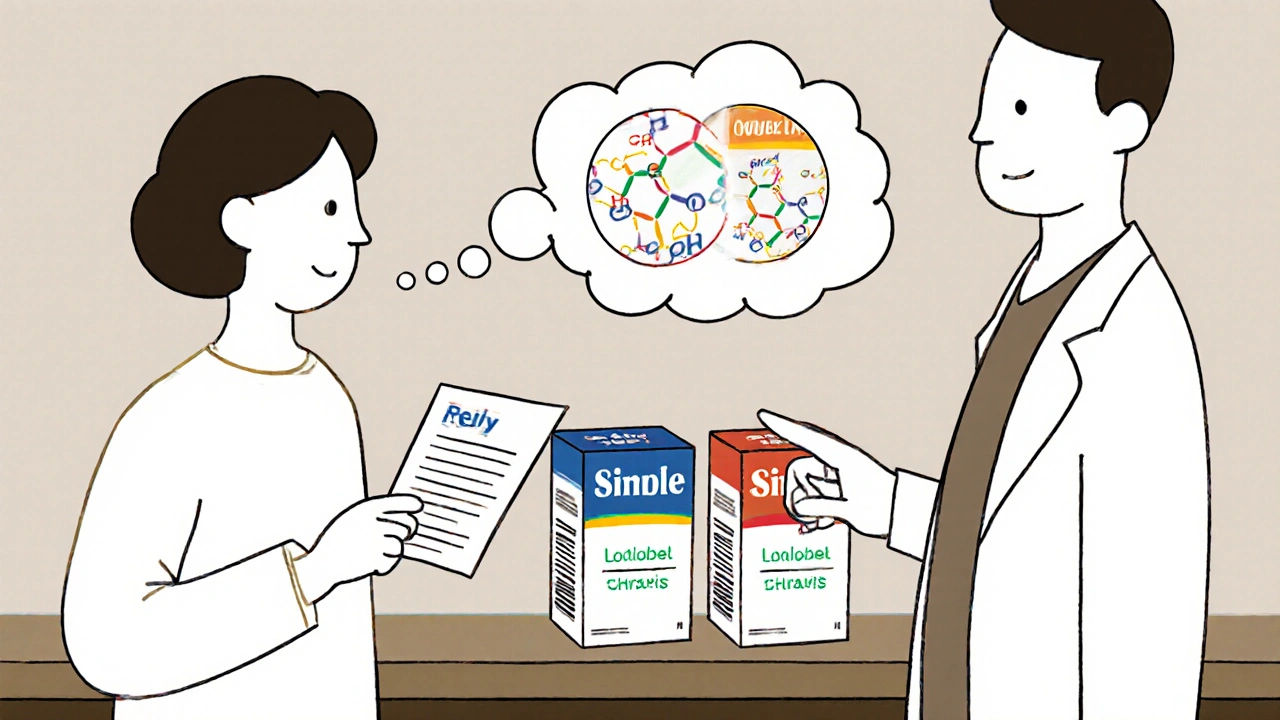 Patient and pharmacist examining medication boxes, one with brand logo and one plain label.