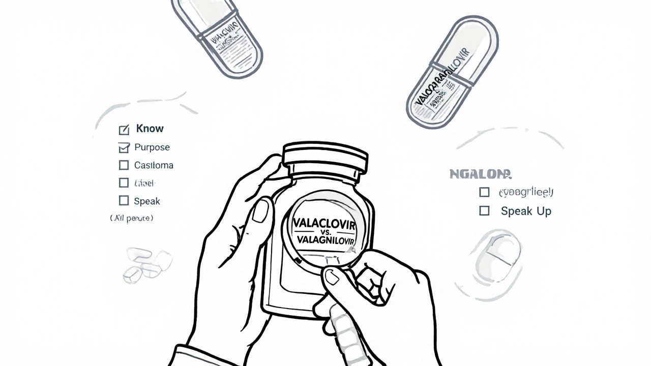 Patient examining a pill bottle with magnifying glass while ghostly drug names float above, highlighting naming confusion.