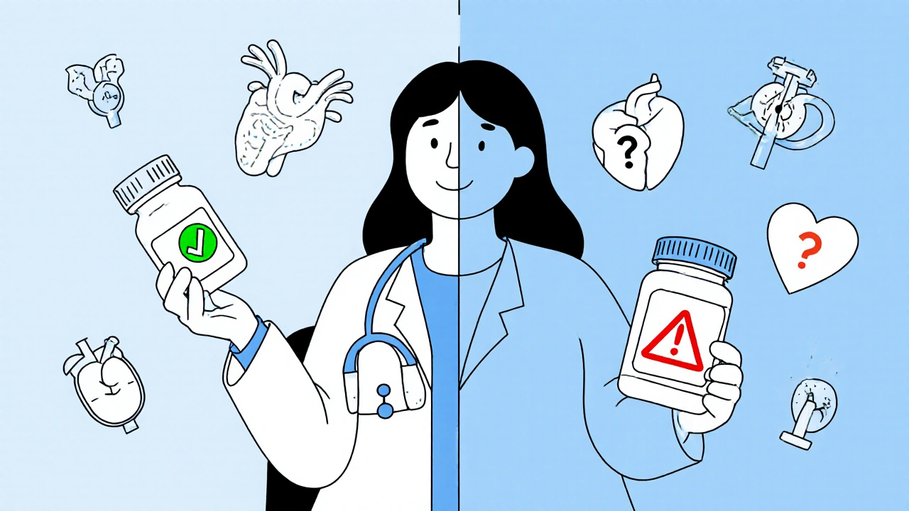 Patient in doctor&#039;s office with split-screen showing stable vs. adverse drug response icons.