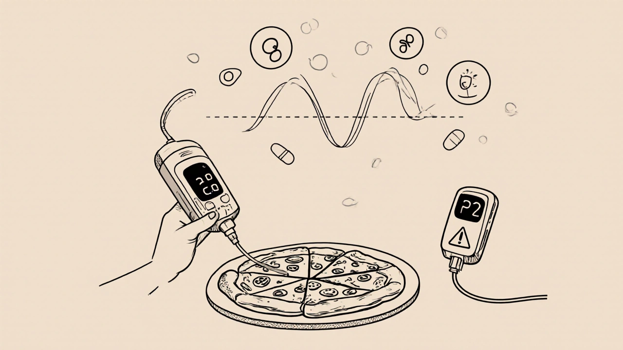 Person eating pizza with insulin pump showing dual-wave bolus and delayed carb absorption diagram