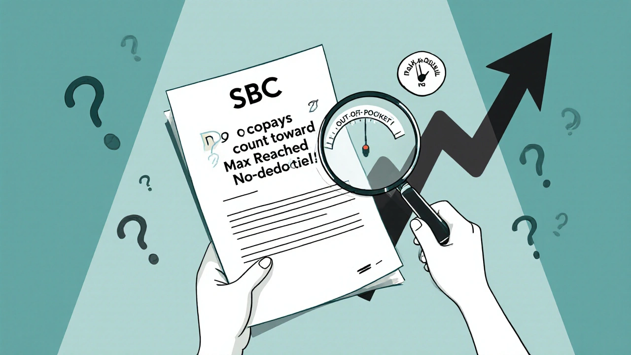 Person reading insurance document with &#039;No&#039; next to copays counting toward deductible, while out-of-pocket max is reached.