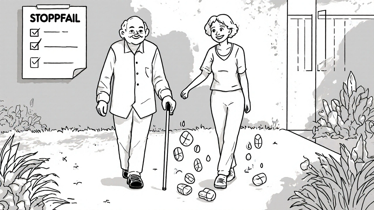 Senior walking with physiotherapist in garden as opioid pills turn into leaves and water droplets.