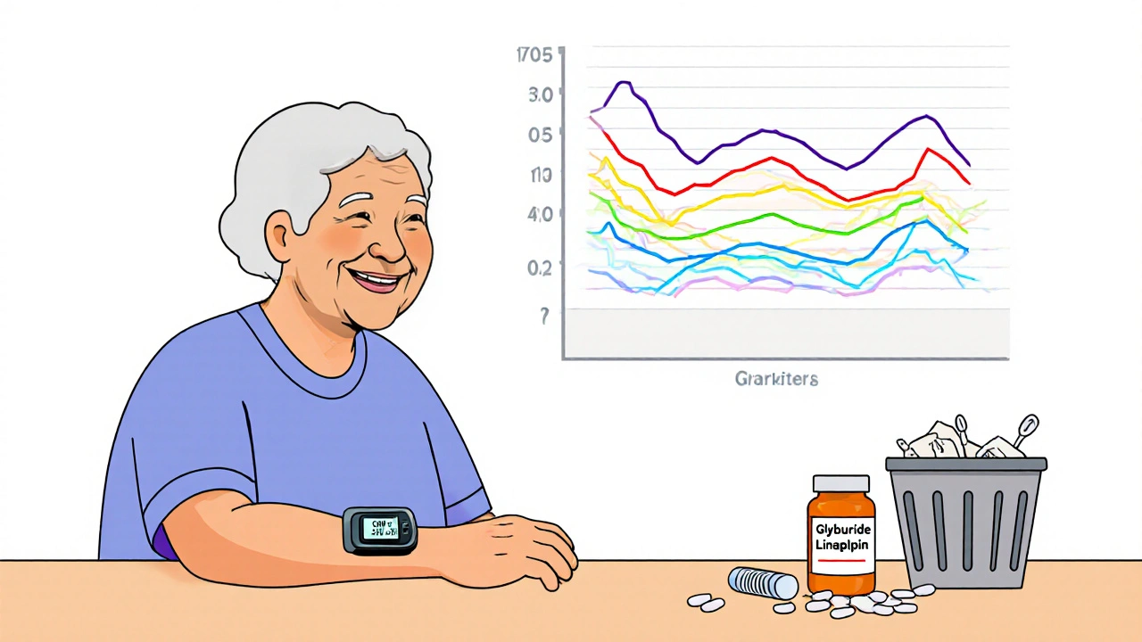 Senior woman with CGM device, stable glucose chart above her, safe diabetes medication in view.
