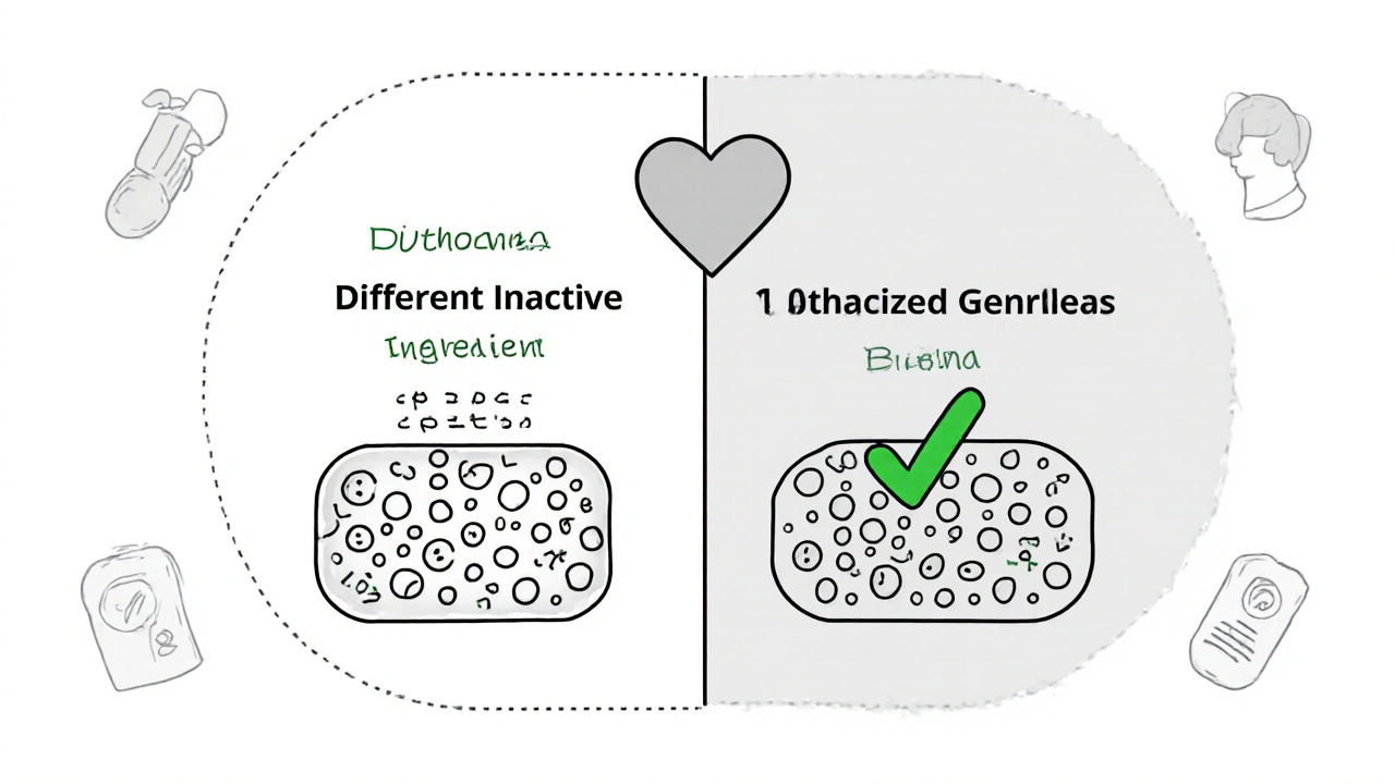 Split medical chart comparing inactive ingredients in traditional generic vs authorized generic pills.