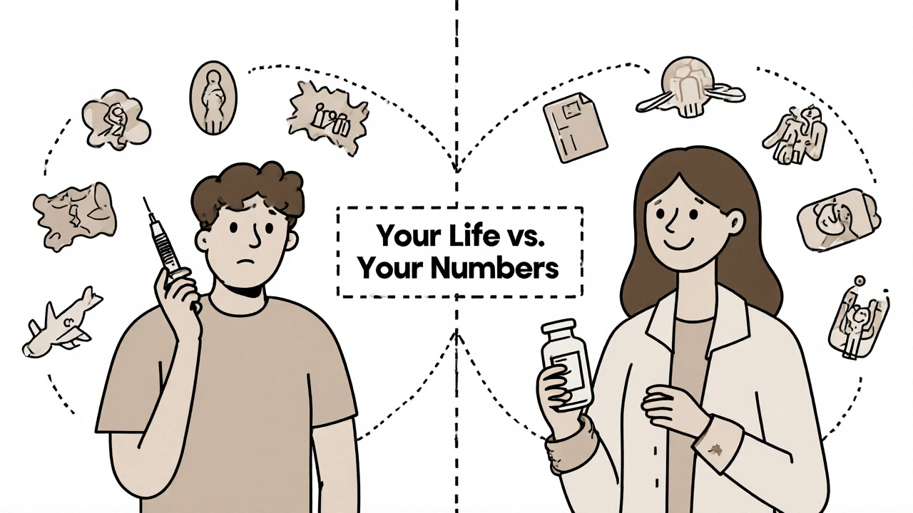 Split scene showing the impact of treatment choices on daily life and health risks.