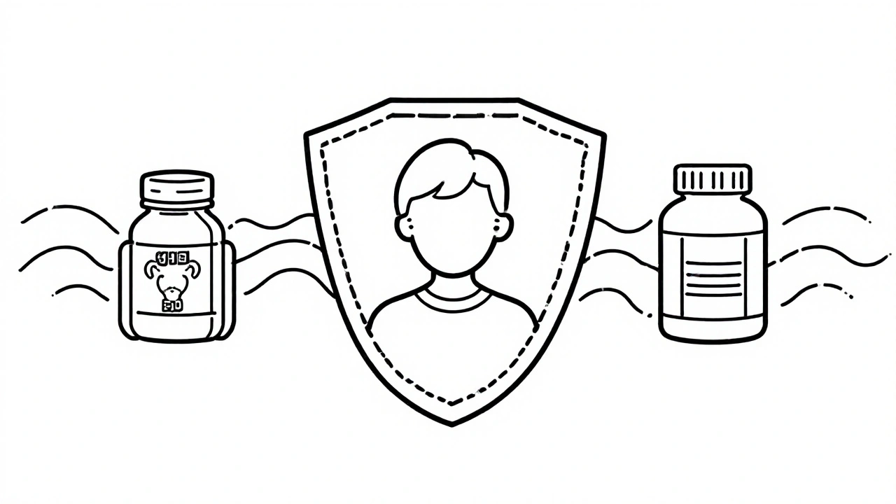 Three-part shield blocking nausea waves during chemotherapy treatment.