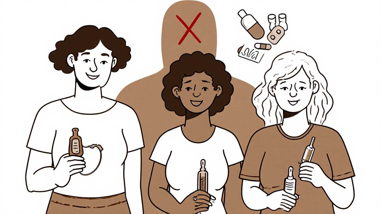 Three women holding safe contraceptives while harmful methods are crossed out behind them.