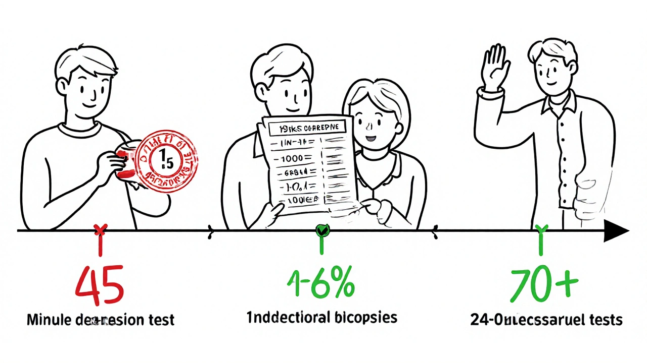 Timeline showing PSA screening decisions from age 45 to 70 with risk icons