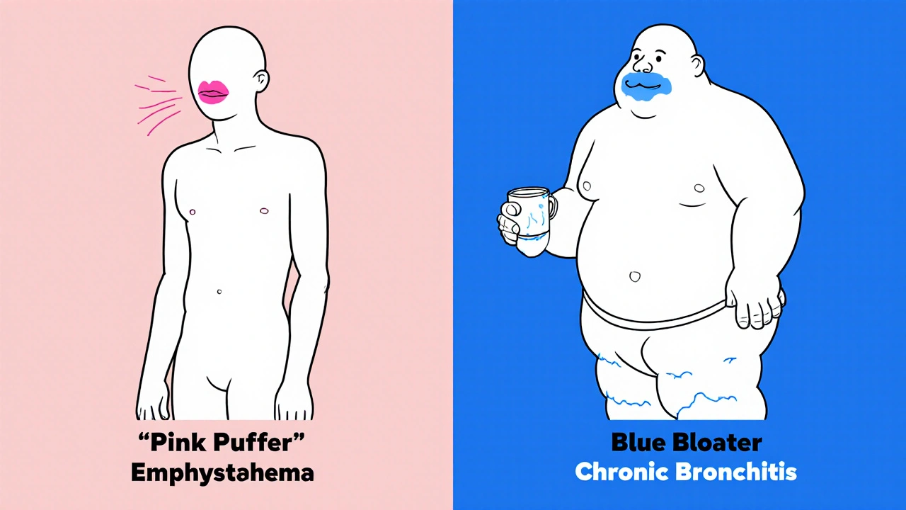 Two patient silhouettes: one gasping for air (pink puffer), one coughing with swollen ankles (blue bloater).