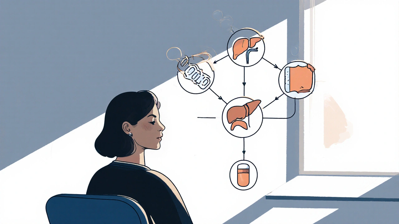 Woman in clinic with floating contraceptive icons connected to a liver showing drug interactions.