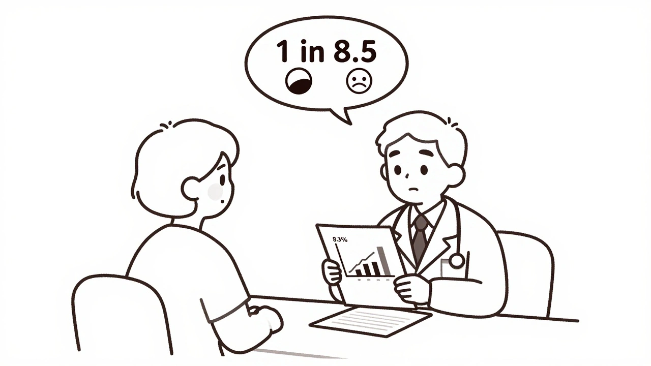 A doctor and patient discussing side effect risks using two simple bar charts on paper.