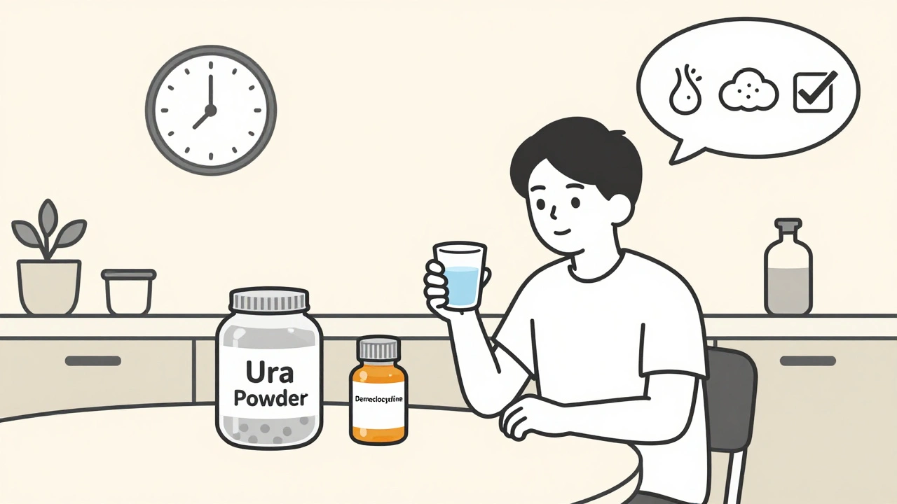 A patient at a table with urea powder, demeclocycline, and a fluid restriction clock.