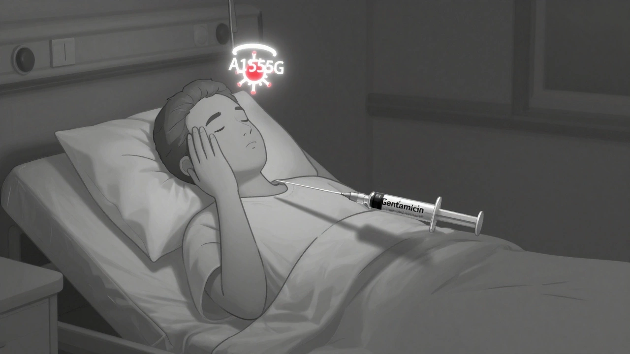 A patient in a hospital room with a genetic mutation warning glowing above their head.
