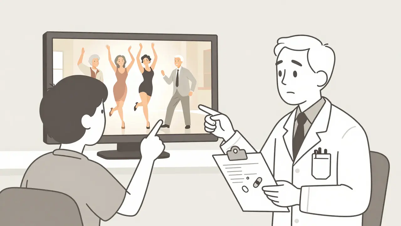 A patient points at a TV drug ad in a doctor's office as the doctor holds a prescription with branded and generic pills side by side.