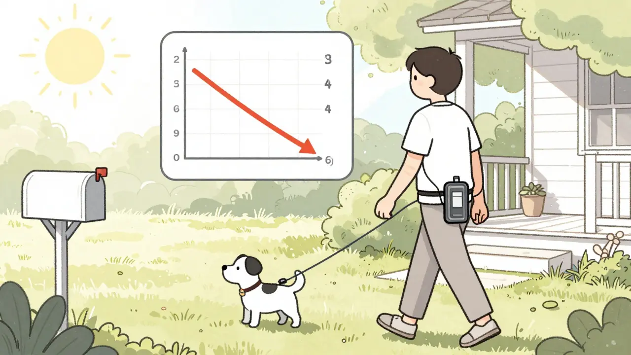 A patient undergoing an SCS trial, walking comfortably with an external device and showing reduced pain on a graph.