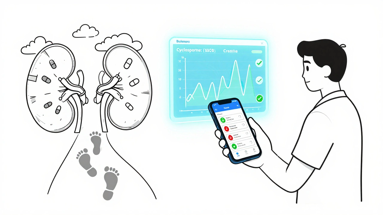 A patient with a smartphone and AI interface monitoring kidney data, walking from chaos to calm health.