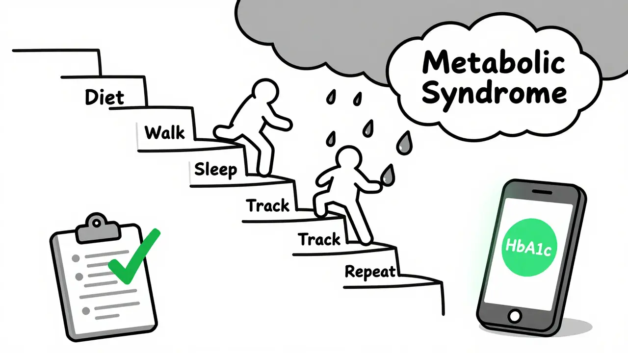 A person climbing a staircase labeled with lifestyle steps, leaving behind metabolic syndrome clouds.