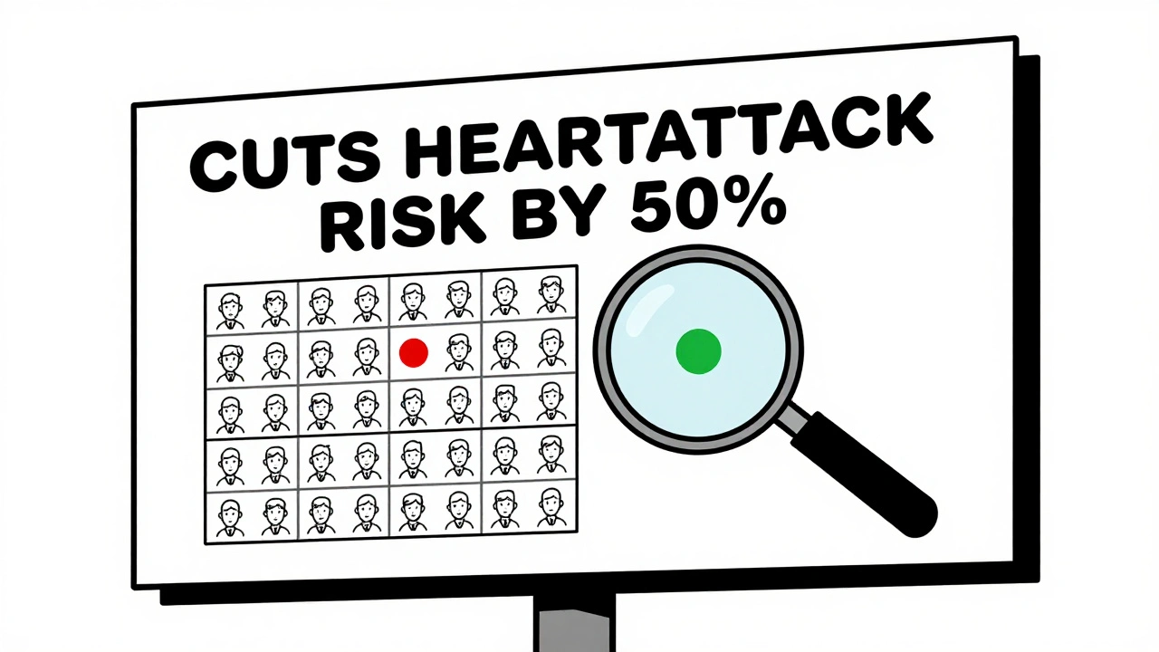 A pharmacy ad showing a 50% reduction arrow over a small grid of 100 people with only 2 affected.