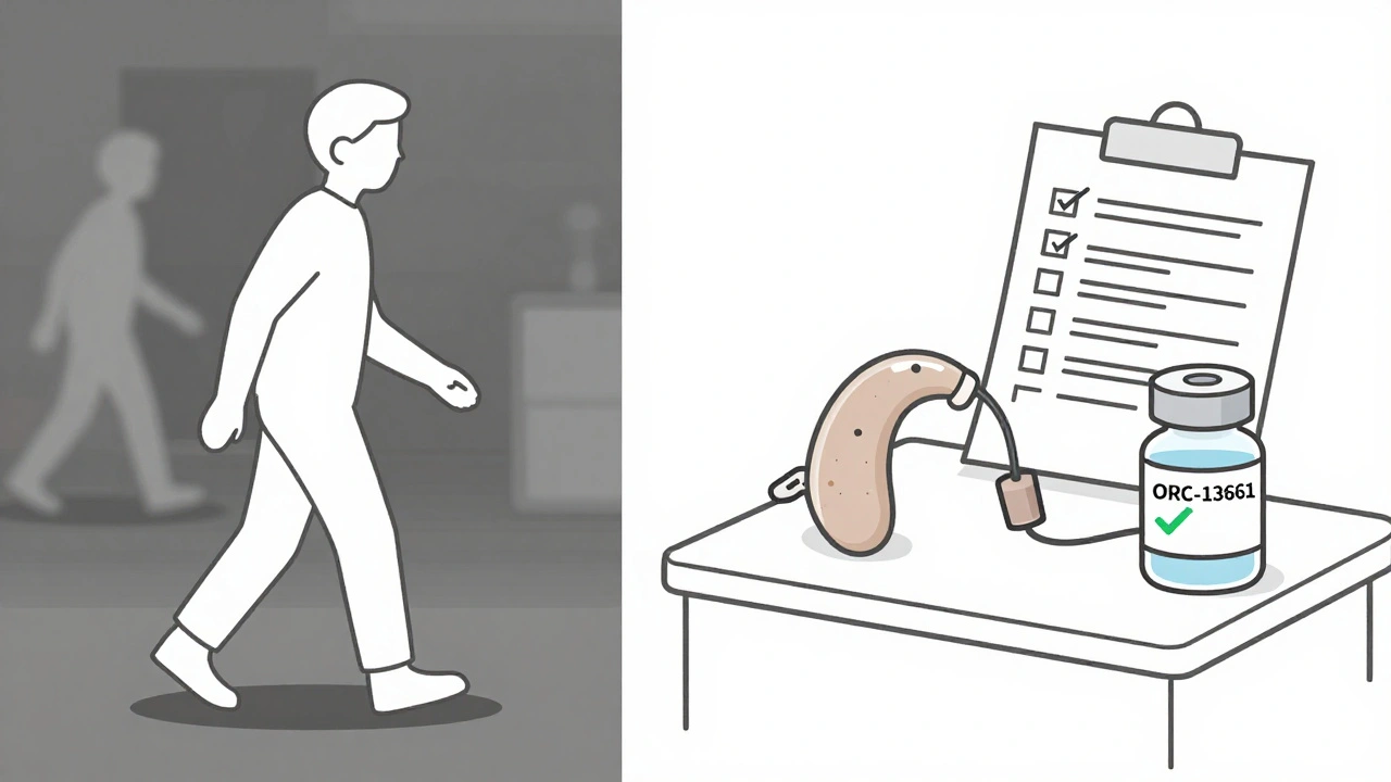 A split scene showing balance loss and medical tools for hearing restoration.