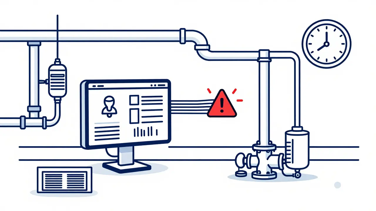 AI dashboard monitoring real-time environmental data across a factory, with alerts flashing near a contaminated drain.