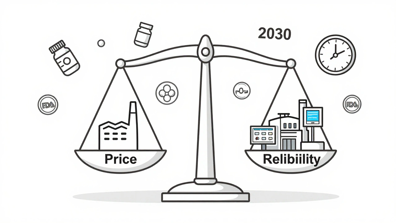Balance scale comparing price and reliability in pharma supply, with pills and FDA badges floating nearby.
