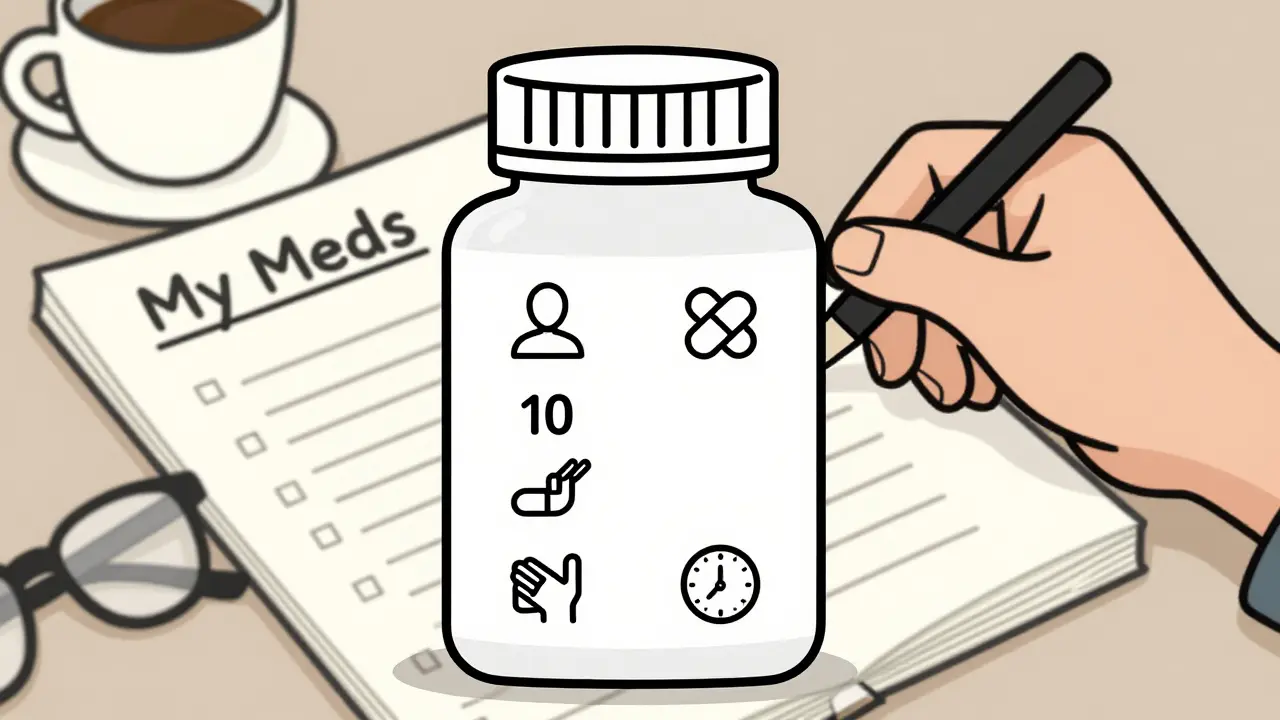 Close-up of a pill bottle with a checklist of five icons representing the 5 Rights of medication safety.