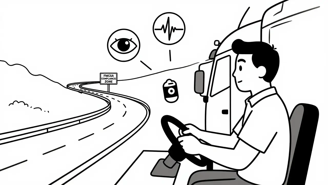 Commercial driver taking SPE test with wearable sensors monitoring alertness on highway