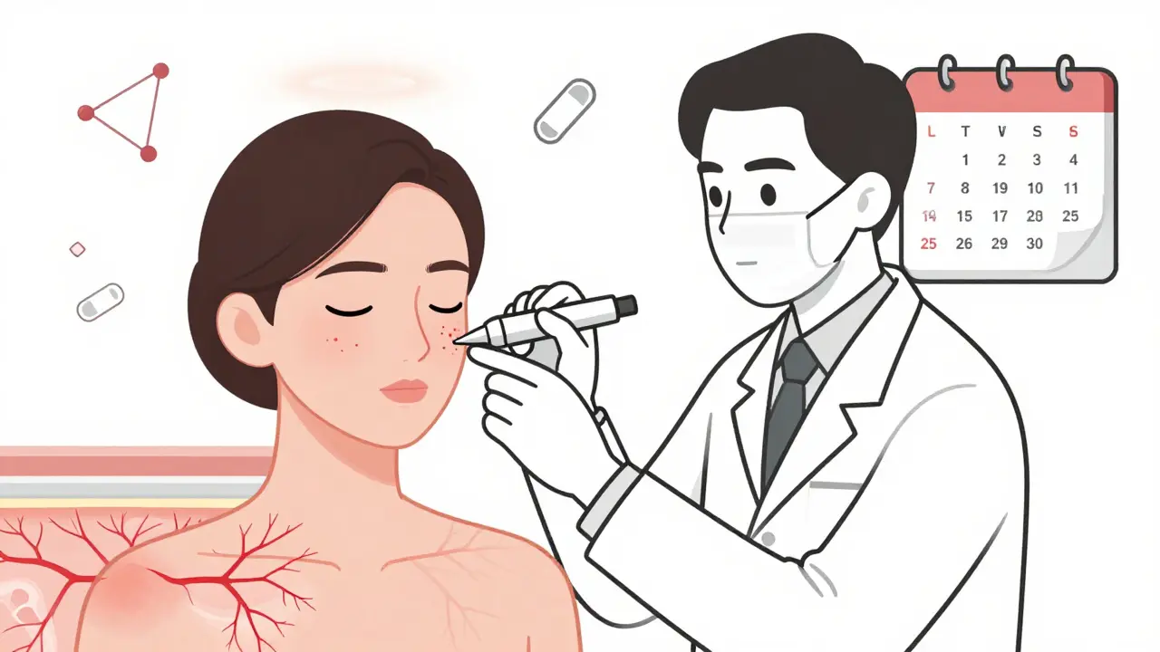 Dermatologist administering Botox to reduce facial flushing, with fading red vessels and treatment icons in background.