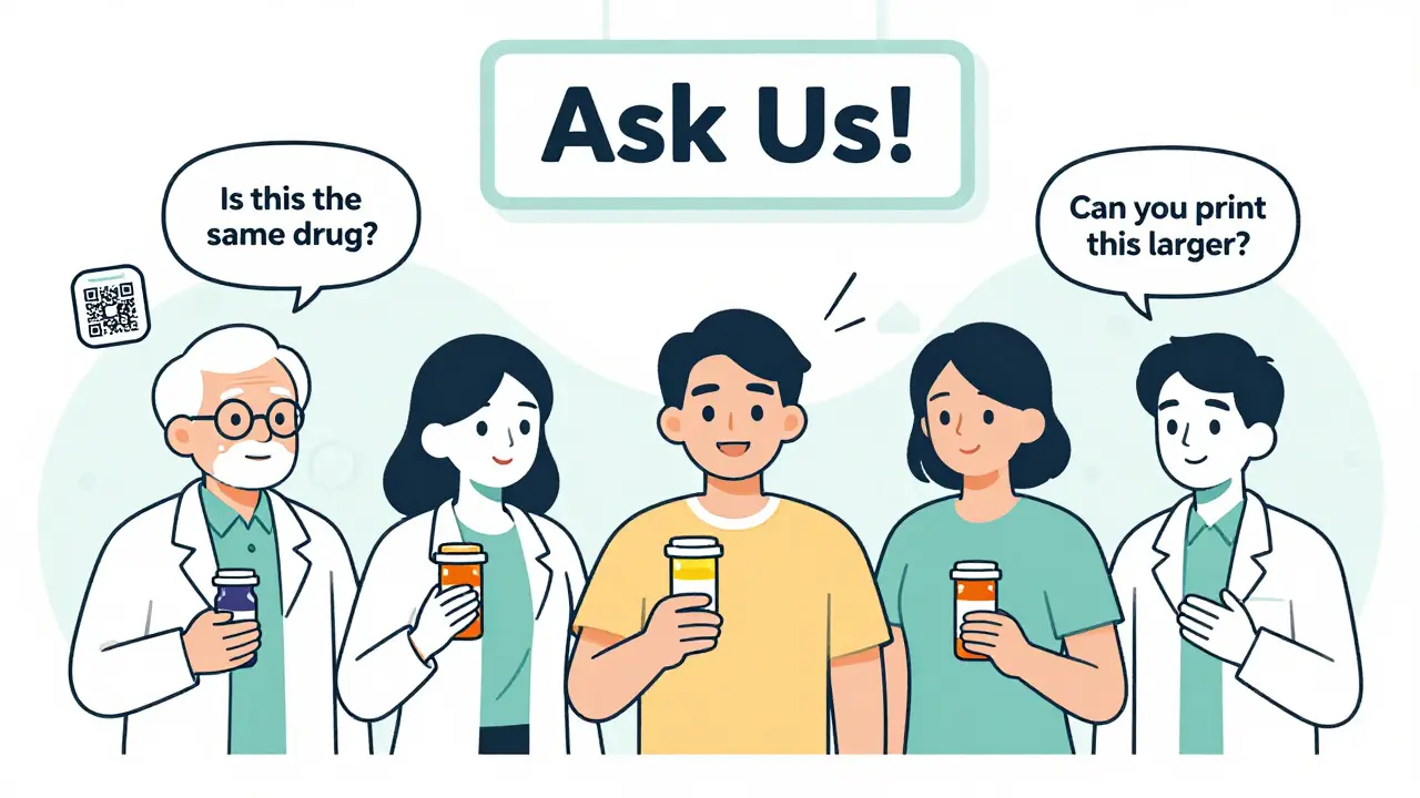Diverse individuals holding prescription bottles with question speech bubbles, one with a QR code linking to a video.