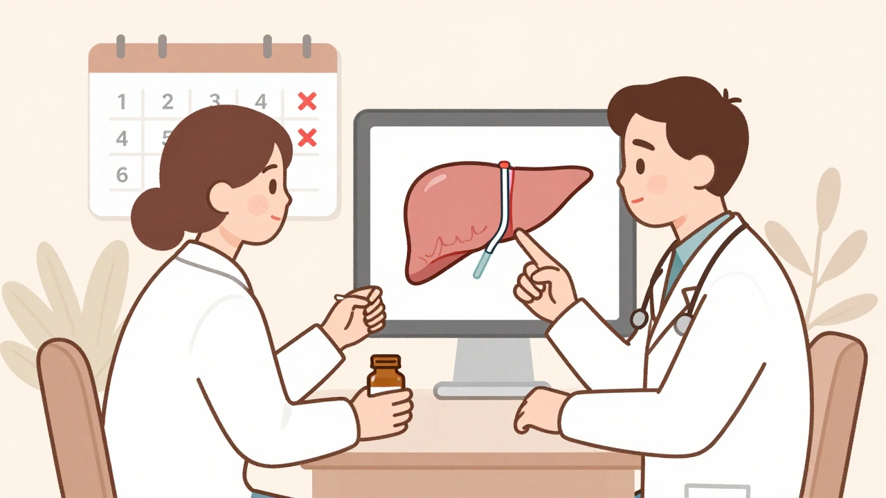 Doctor and patient reviewing liver test results on a tablet, with time markers and herbal motifs in background.