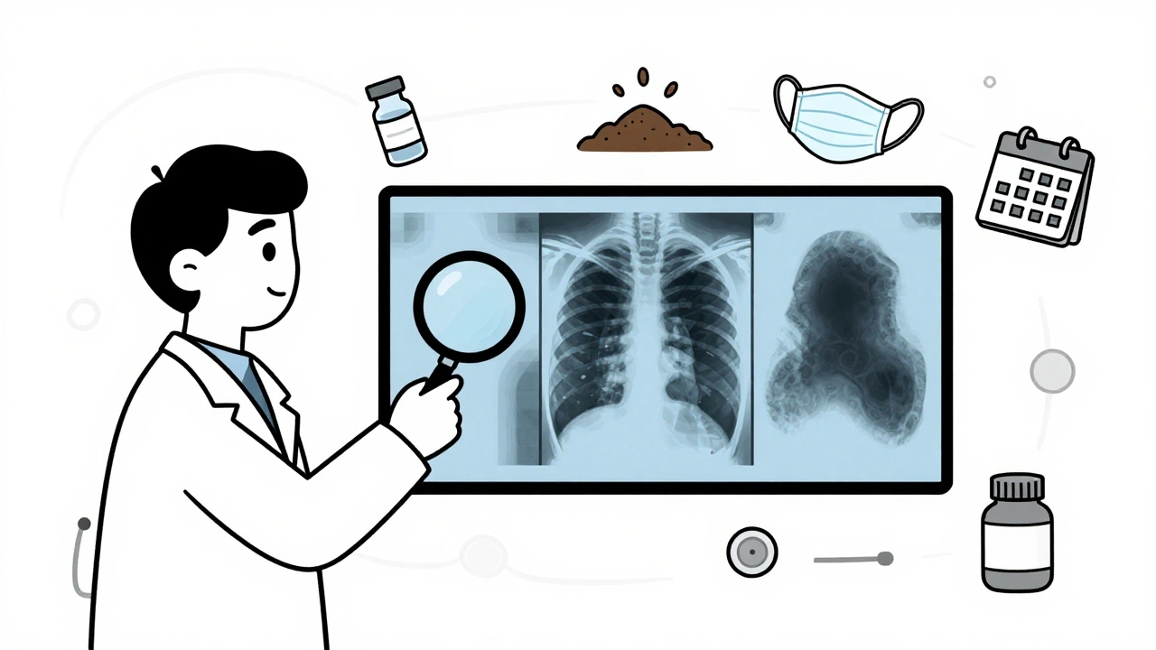 Doctor examining a chest X-ray with three different pneumonia patterns, surrounded by prevention icons.