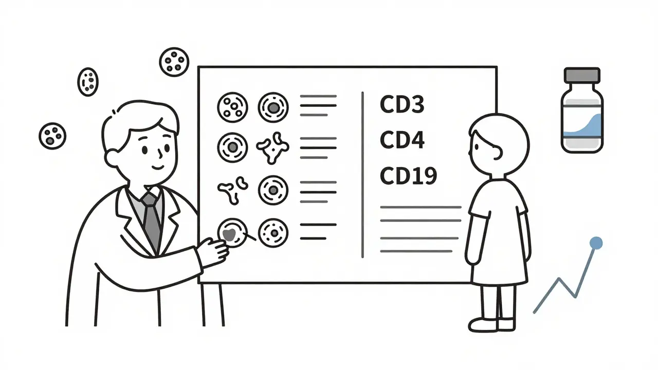 Doctor examining blood test with immune cell icons showing normal vs. depleted levels.
