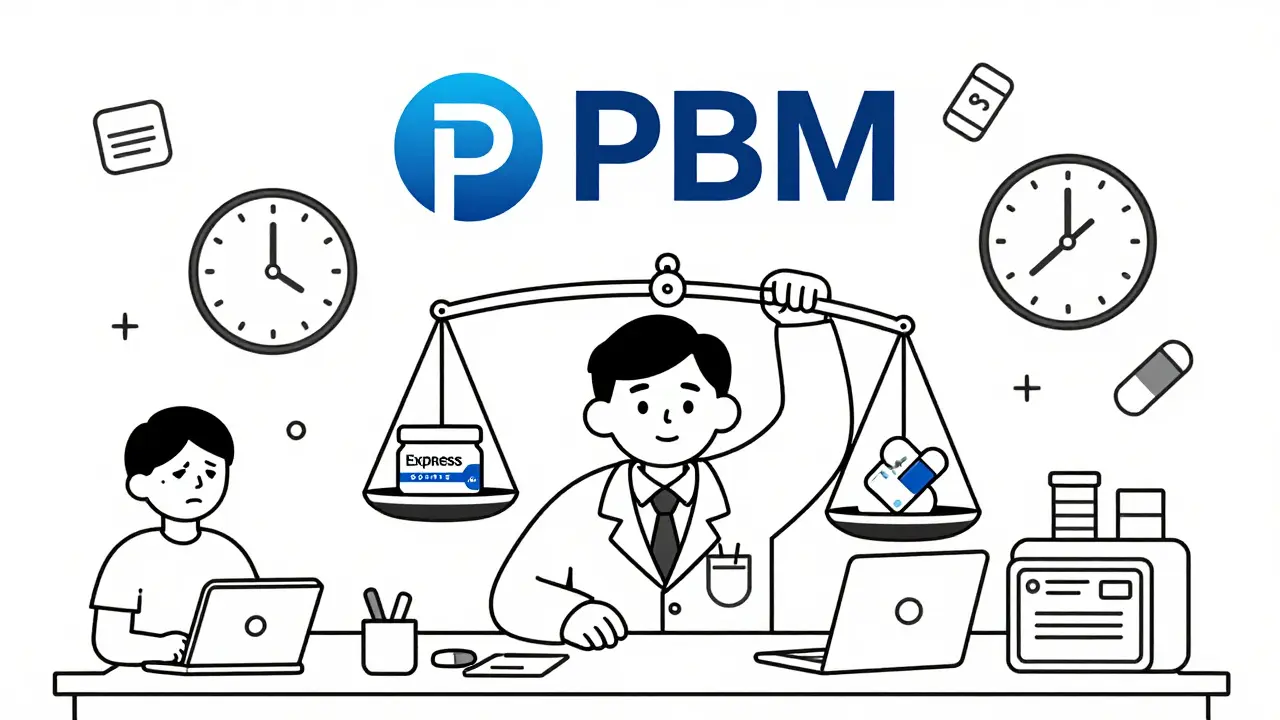 Doctor overwhelmed by prior authorization forms while PBM controls drug pricing scale.