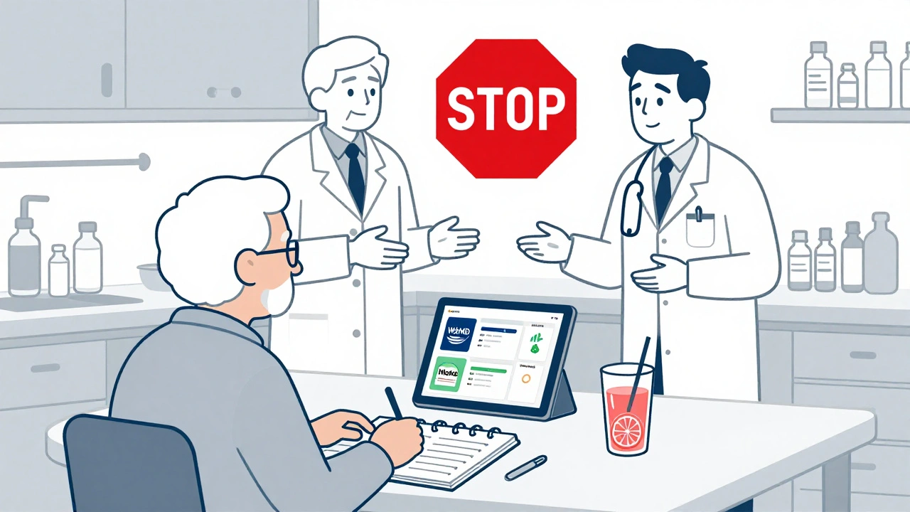 Elderly person with medication list and two apps open, doctor and pharmacist talking beside them, red stop sign above tablet.