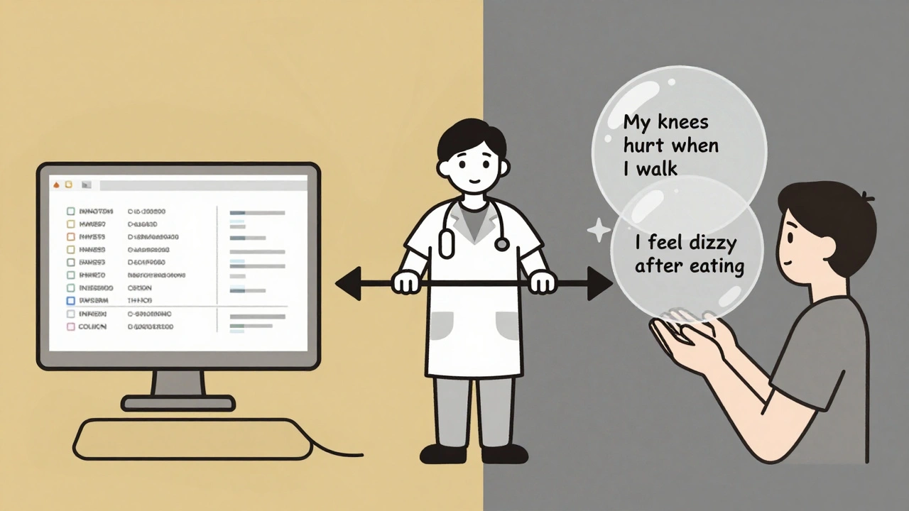 Healthcare worker bridging medical codes and patient’s plain-language symptoms with a symbolic connection.