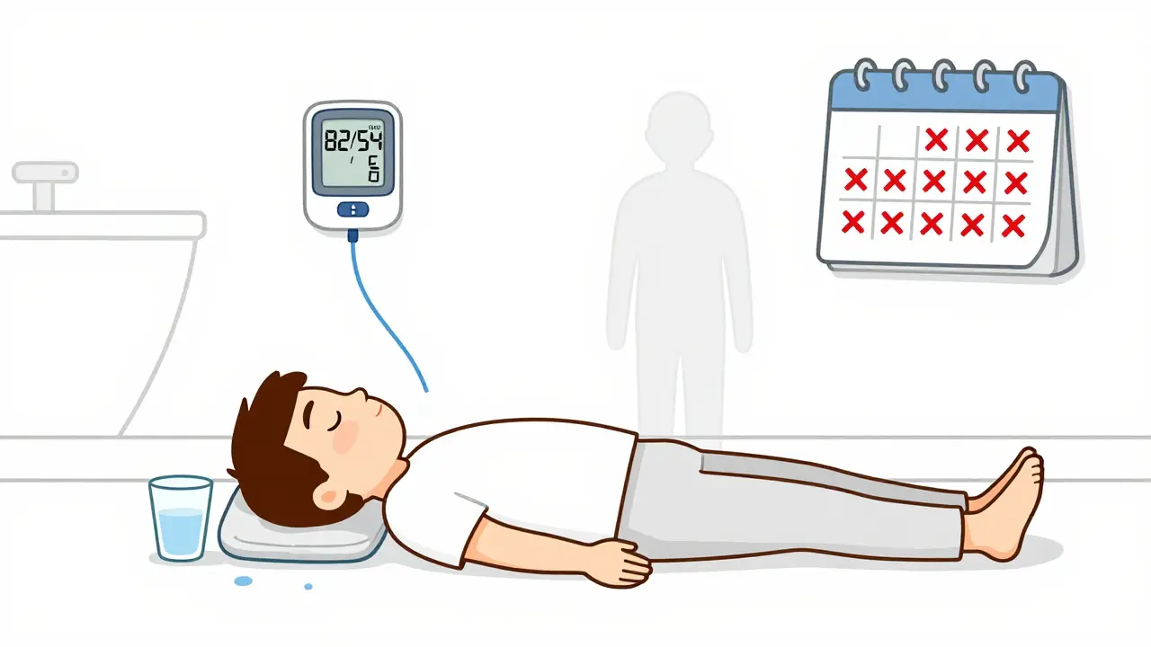 Man fainted on bathroom floor with low blood pressure reading nearby after taking combined meds.