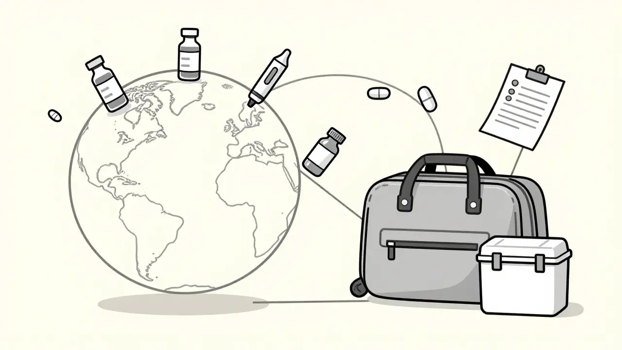 Medication bottles connected to a carry-on bag and doctor's letter on a globe, symbolizing safe travel.