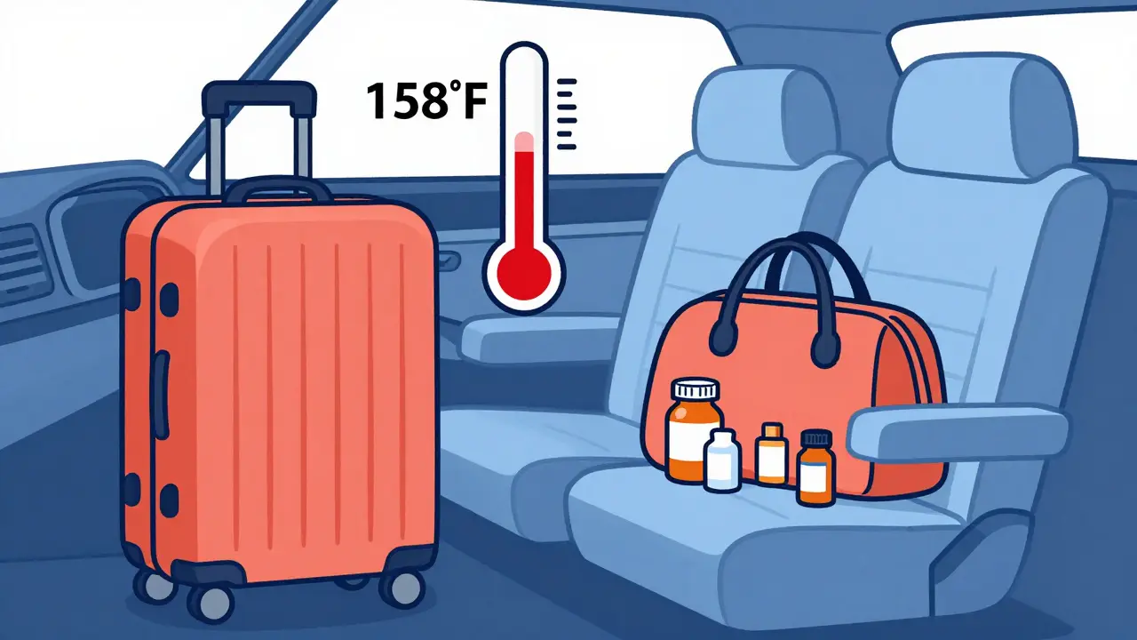 Medications left on a hot car dashboard with rising temperature gauge, danger indicated.