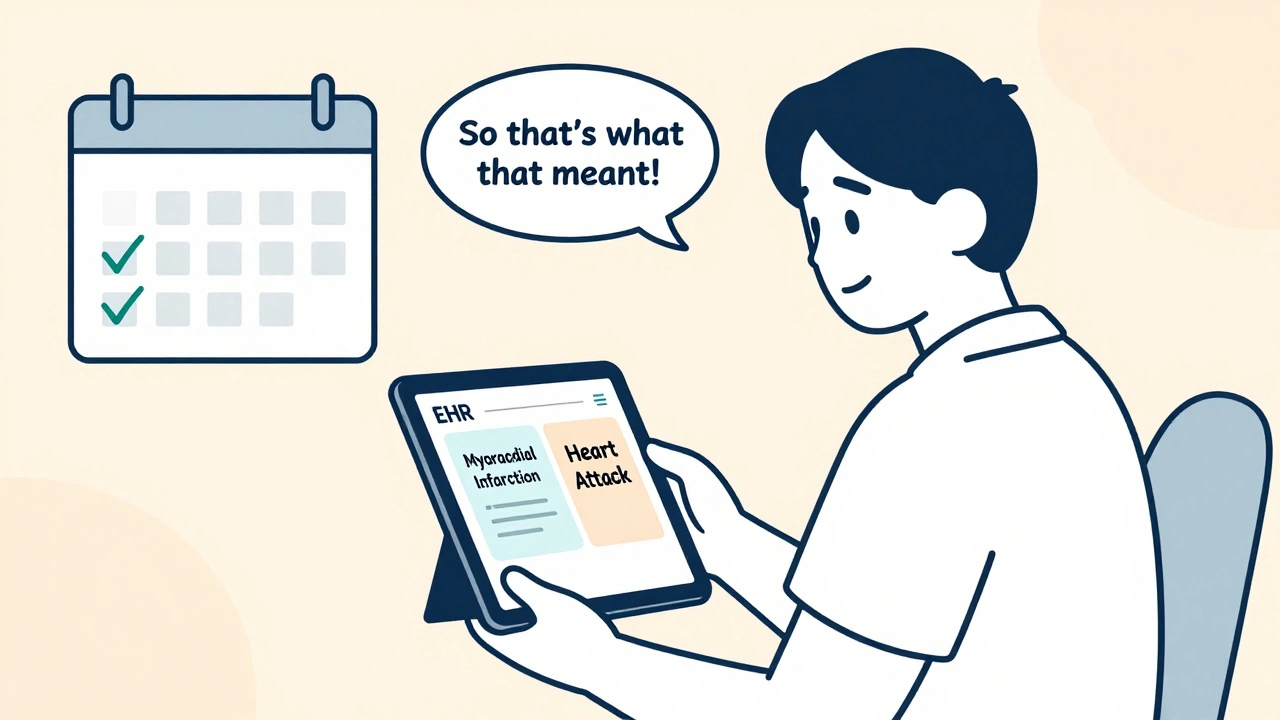 Patient reading simplified medical terms on a tablet, smiling with checkmarks on a calendar behind them.