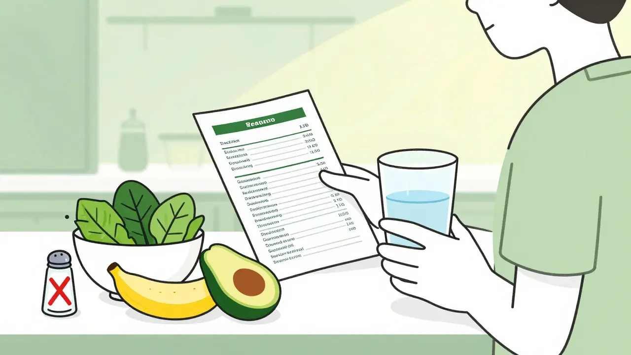 Person reading food label beside healthy foods like spinach, avocado, and bananas, salt shaker crossed out.