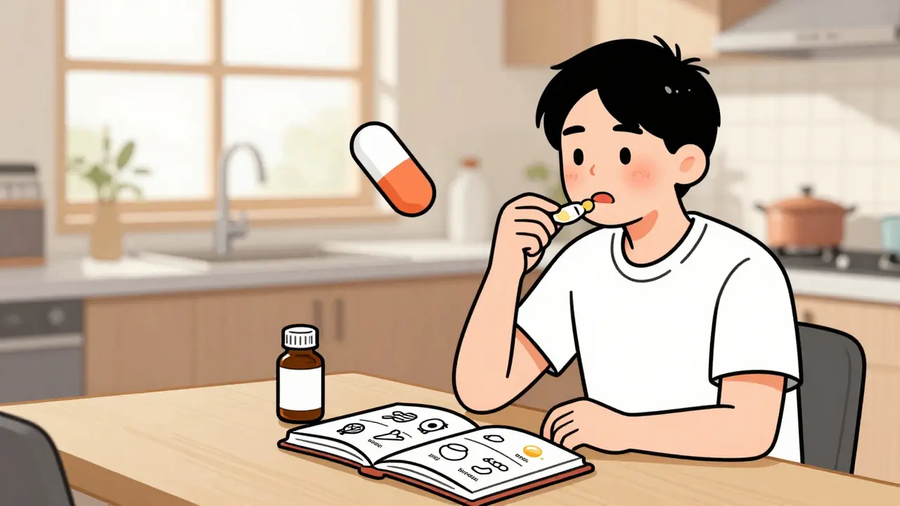 Person taking niacin with food while aspirin reduces facial redness, journal lists common triggers nearby.