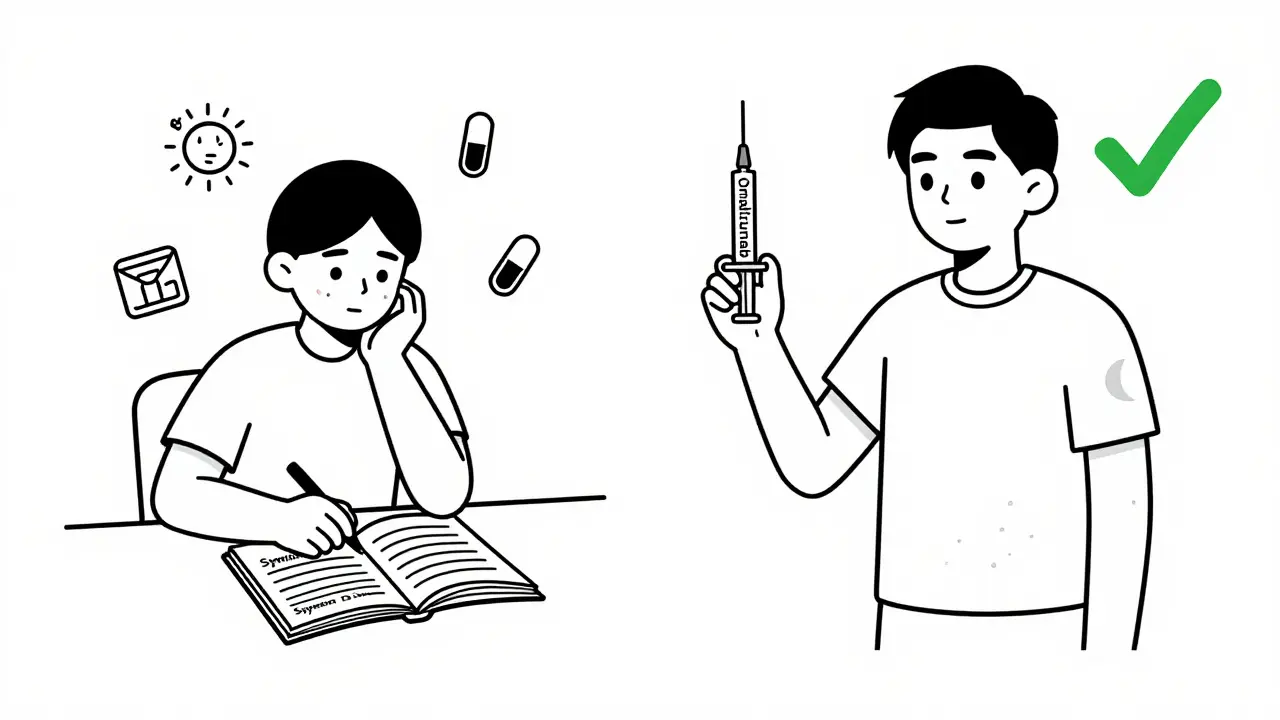 Person tracking hive symptoms in a diary while preparing for biologic treatment.