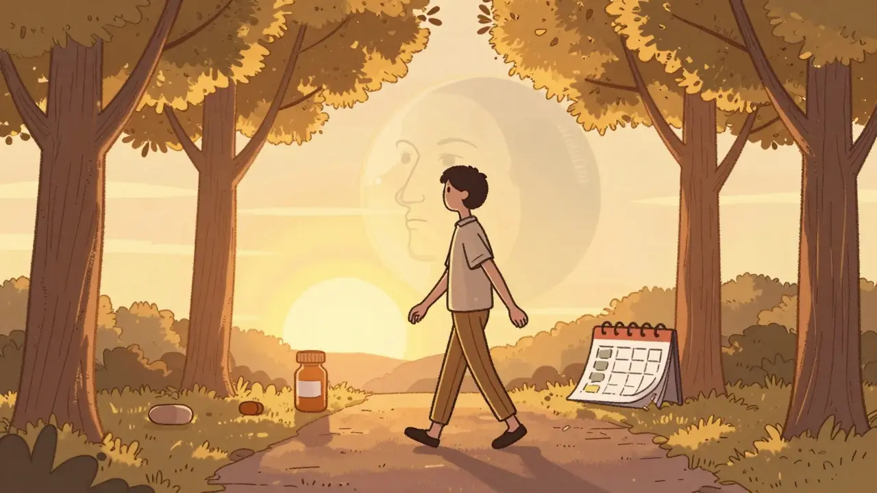 Person walking at sunset with fading moon-shaped face outline behind them, symbolizing recovery.