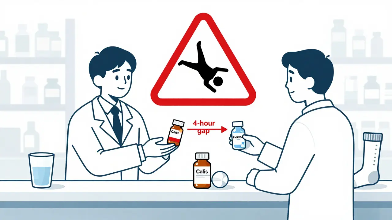 Pharmacist advising patient on safe timing of blood pressure and ED medications with warning icon.