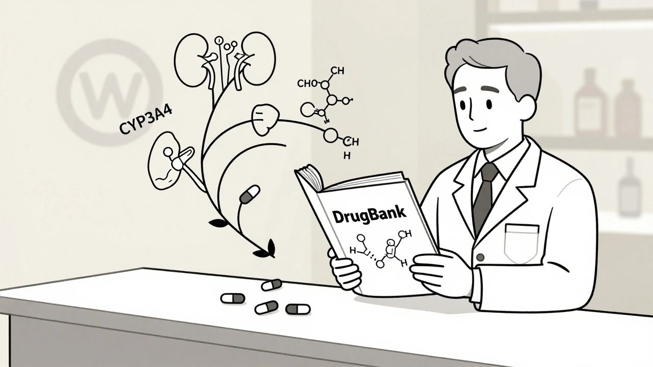 Pharmacist explaining drug interactions using DrugBank book with molecular pathways connecting to medications on counter.
